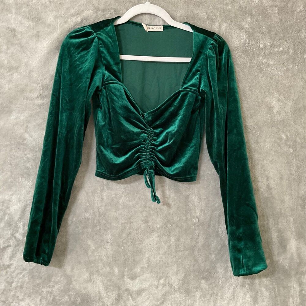 Urban Vine long sleeve velvet crop top rushed women’s S green Boho Fairy Grunge